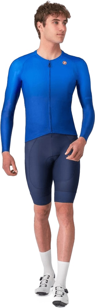 Castelli UPF long-sleeve men's cycling jersey showing breathable fabric and fitted design for sun protection.