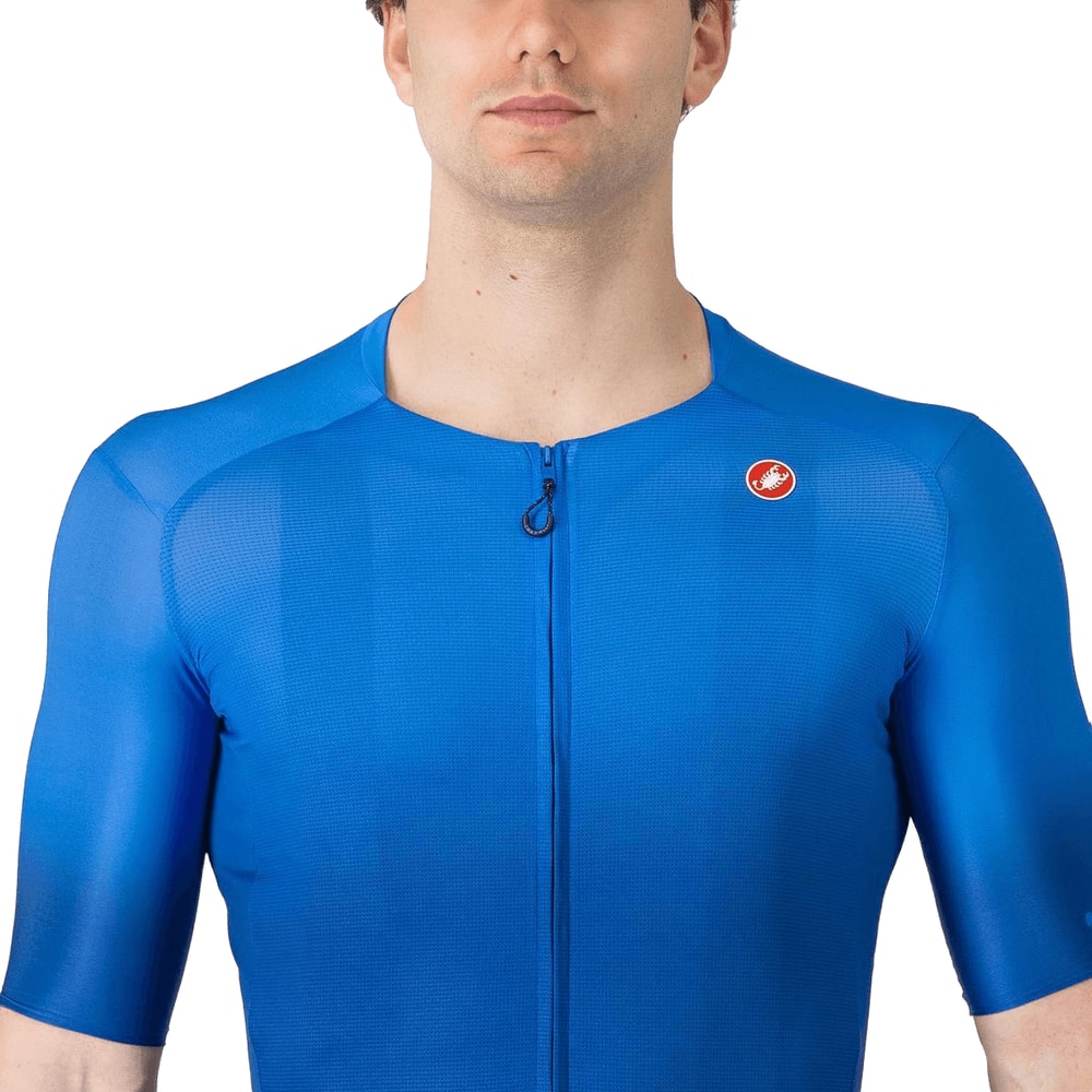 Castelli UPF short-sleeve men's cycling jersey displayed, lightweight fabric with breathable design and bold color accents.