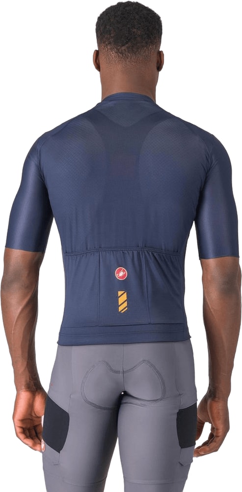 Castelli Unlimited Entrata 3 SS men's cycling jersey displayed on a hanger, featuring a lightweight design and short sleeves.