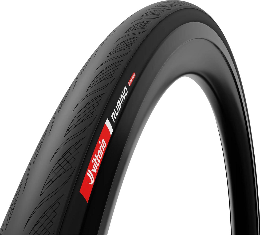 Vittoria Rubino V G2 clincher folding road tyre, black rubber bicycle tire side view