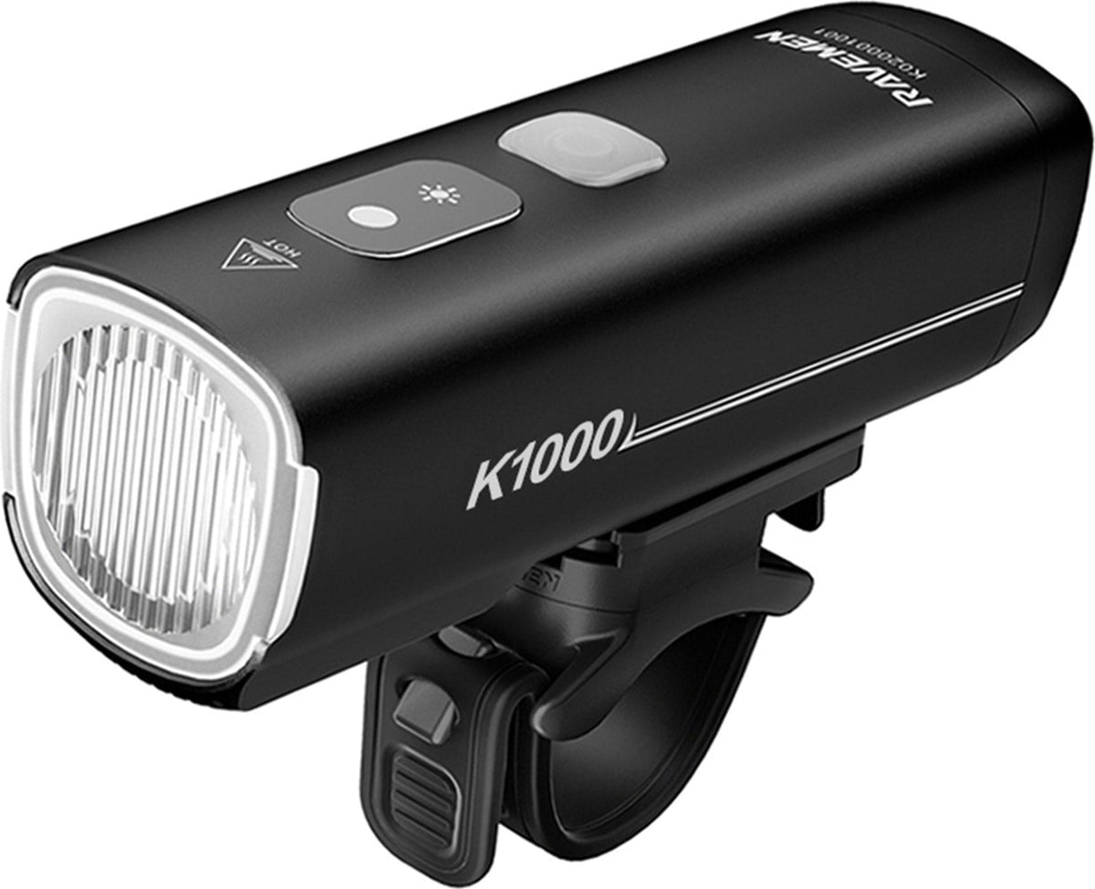 Ravemen K1000 front light for bicycles, compact black LED accessory with handlebar mount