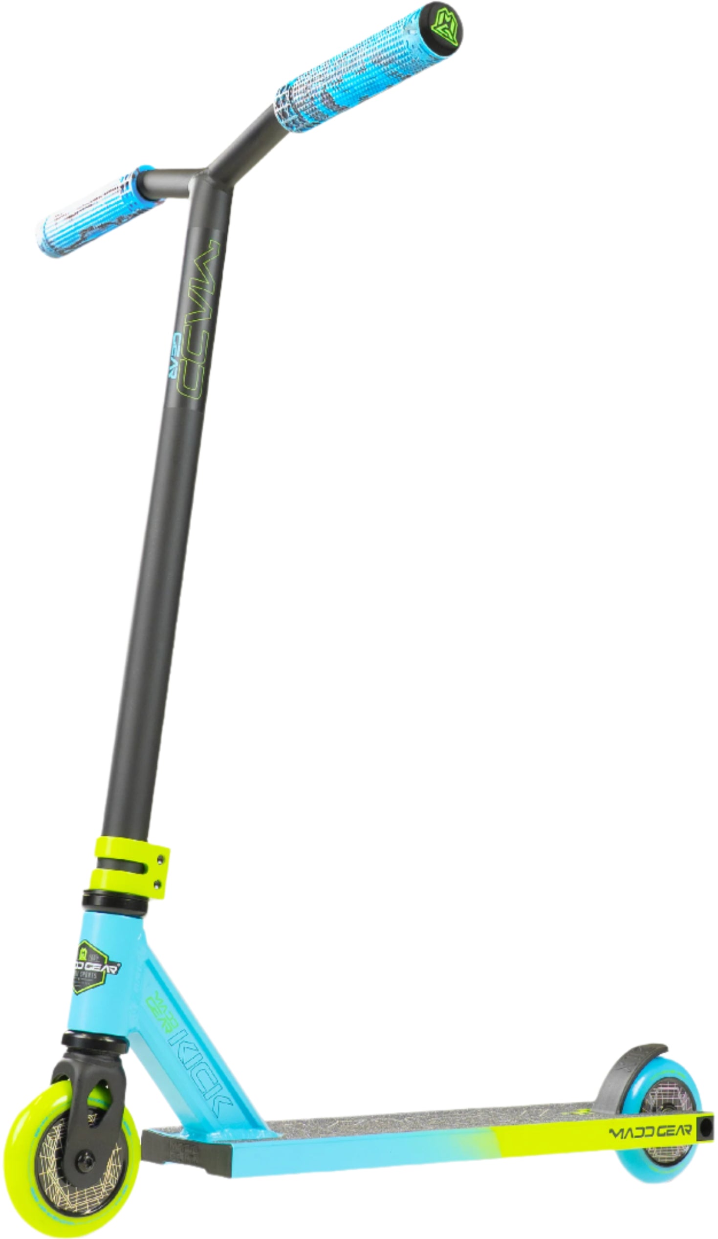 MGP Kick Pro X Scooter with blue and green deck and handlebars, designed for stunt riding and tricks.