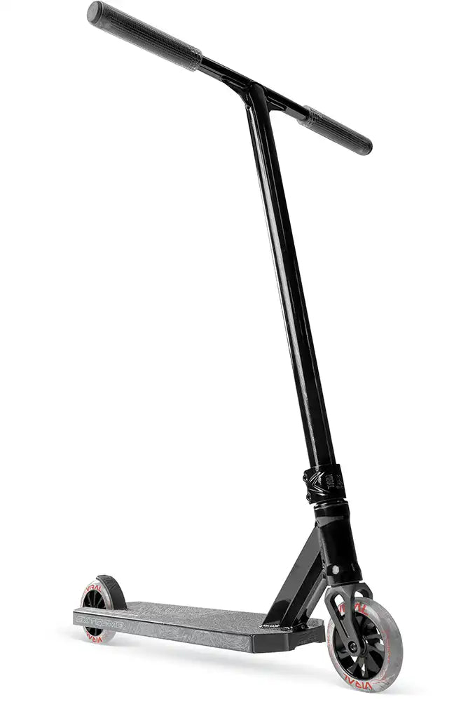 Black MGP Viral Extreme scooter with a sleek design, shown from a low right angle on a smooth surface.