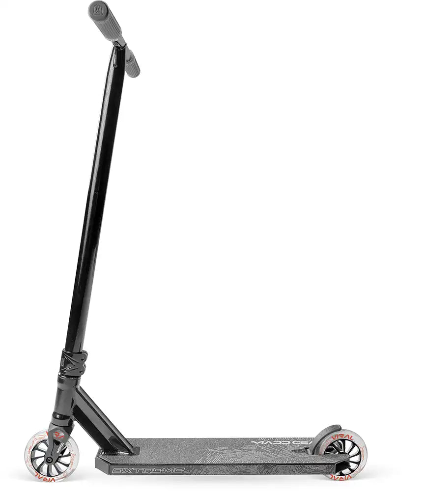 Black MGP Viral Extreme scooter with sleek design and sturdy deck, ideal for stunt riding and tricks.