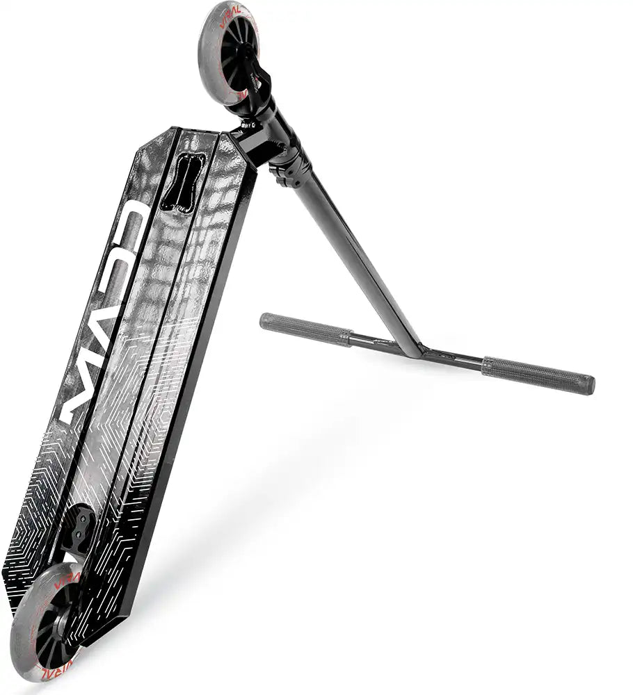 MGP Viral Extreme scooter with black Shadow finish, side view showing deck, wheels, and handlebar for stunt riding and tricks.