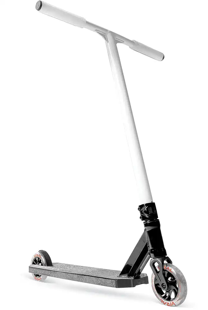 MGP Viral Extreme scooter with Yinyang design, shown from a low right angle, featuring black and white color scheme and sleek deck