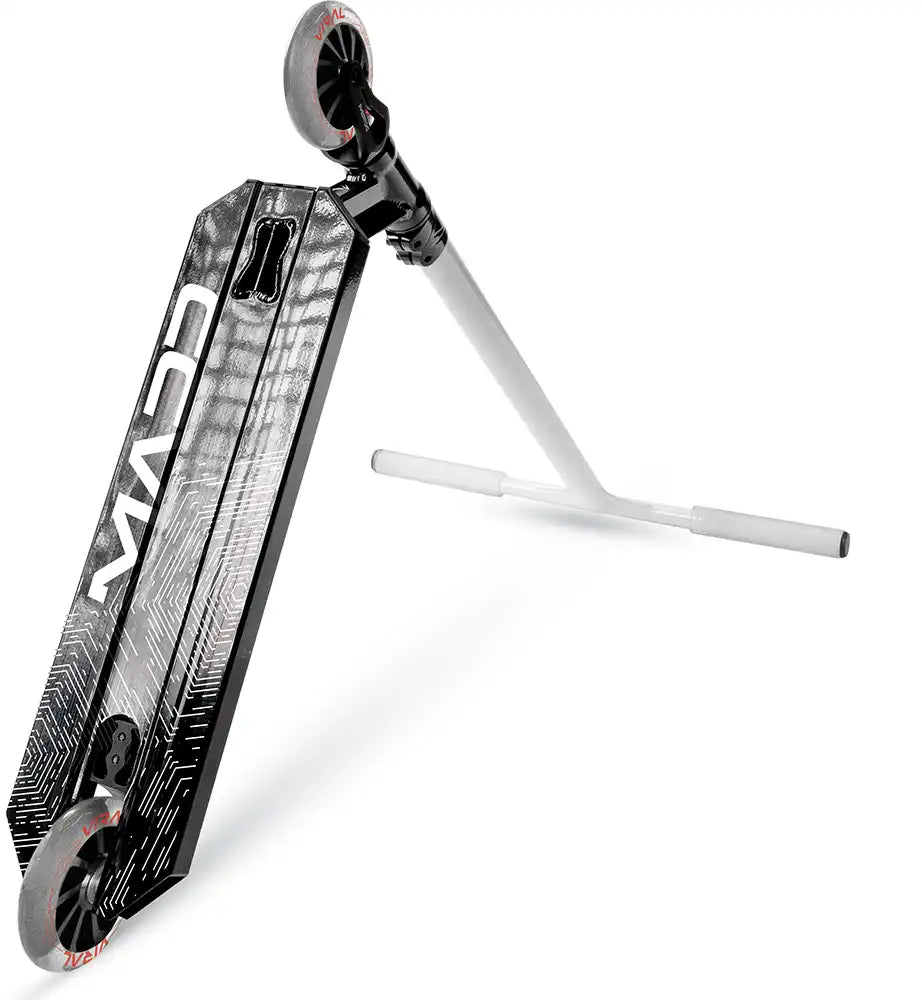 MGP Viral Extreme scooter viewed from underneath showing deck and wheels in a sleek, modern design.