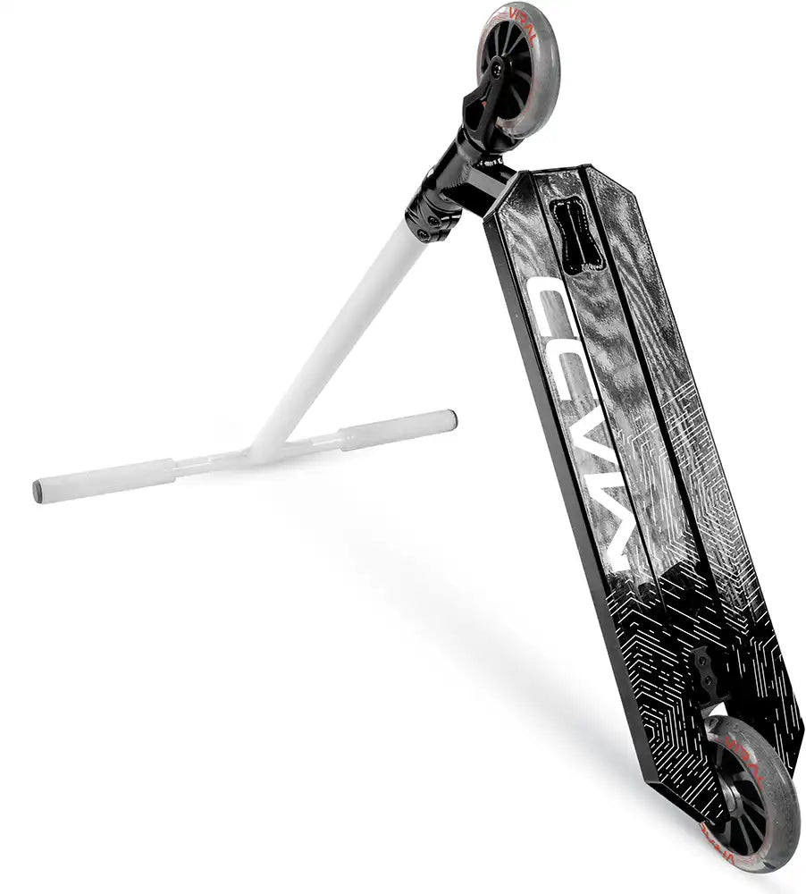 MGP Viral Extreme Scooter viewed from the right underside, showcasing the deck and wheel design in a sleek black and silver finish.