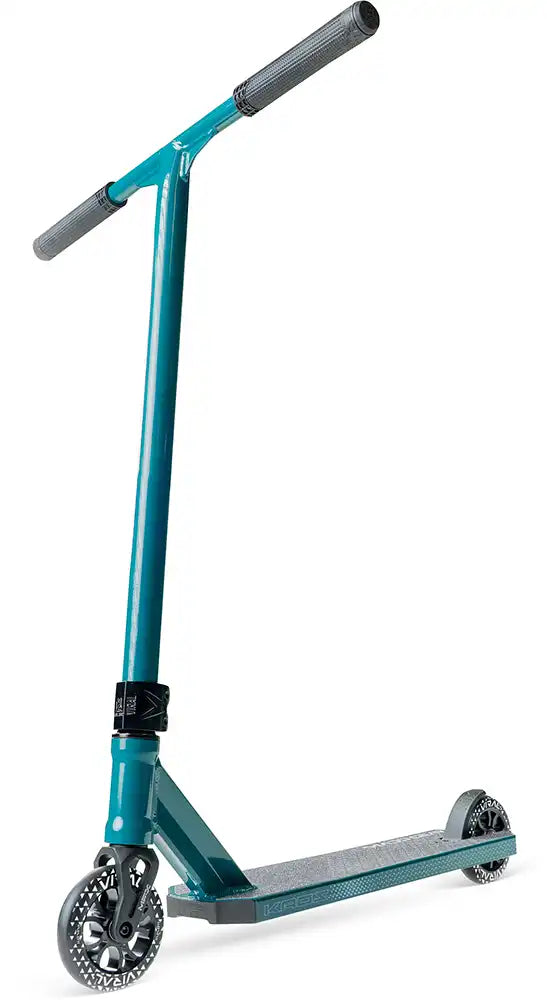 MGP Viral Kaos denim scooter with low deck and sleek design, ideal for stunt riding and tricks.