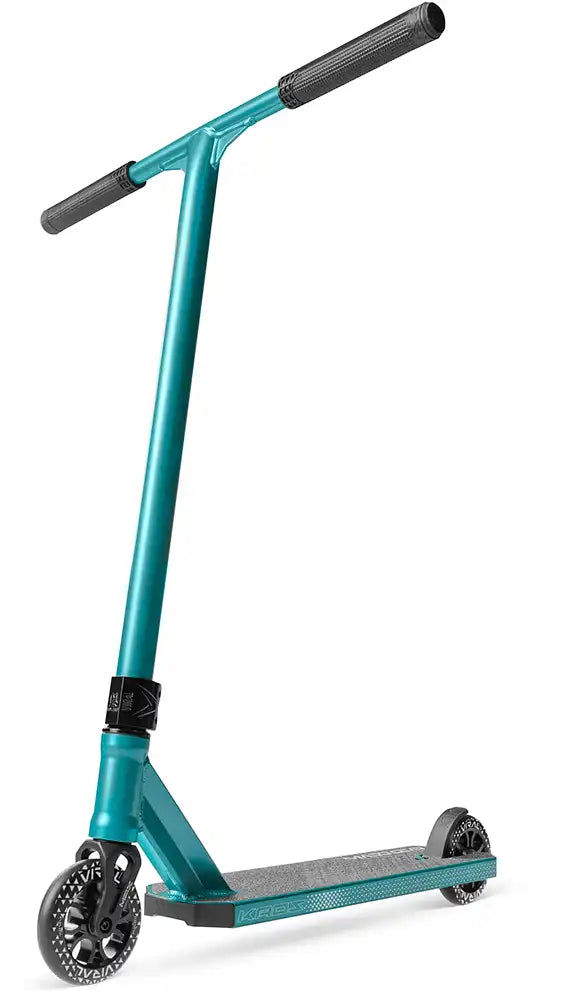 MGP Viral Kaos denim scooter in low profile packaging, featuring a sleek design and durable construction for stunt riding and tricks.
