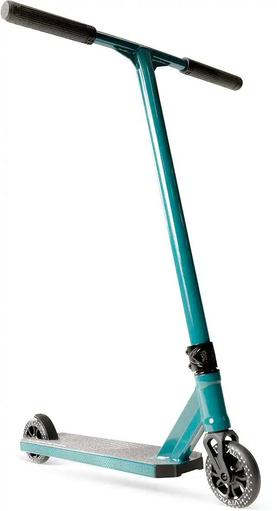 MGP Viral Kaos denim scooter with low-rise deck and handlebars, featuring sleek design and modern styling for riders.