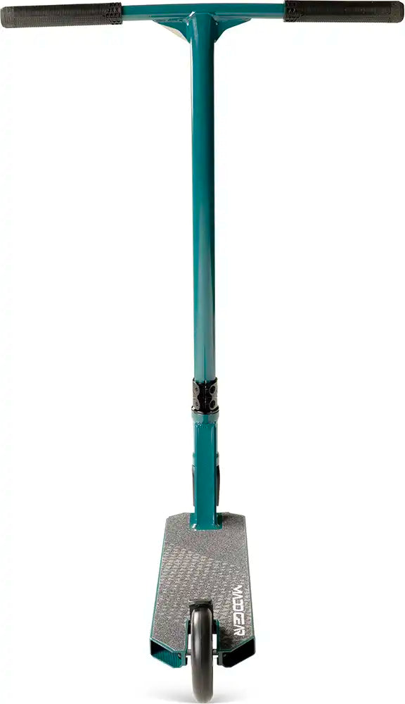 MGP Viral Kaos denim scooter with rear view, featuring a sleek design and durable construction for tricks and commuting.