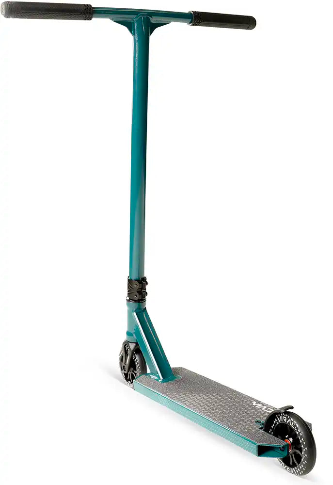 MGP Viral Kaos denim scooter with rear view showing the deck and wheel, designed for freestyle riding and stunts.