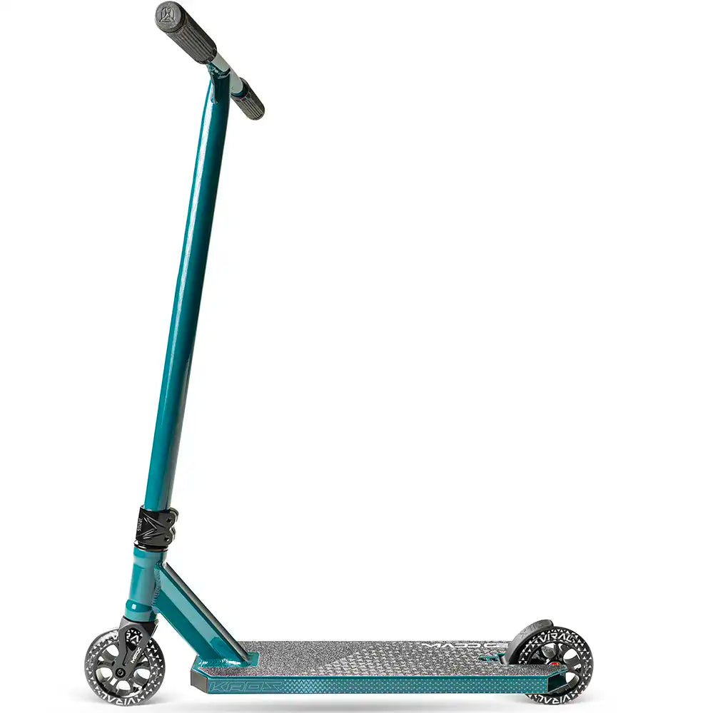MGP Viral Kaos denim scooter in black with colorful graphic design, showcasing its sleek deck and handlebar for riding.