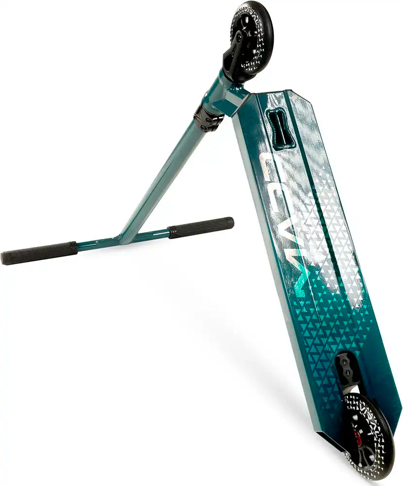 MGP Viral Kaos scooter with denim underside, featuring vibrant colors and sleek design, shown from the right angle.