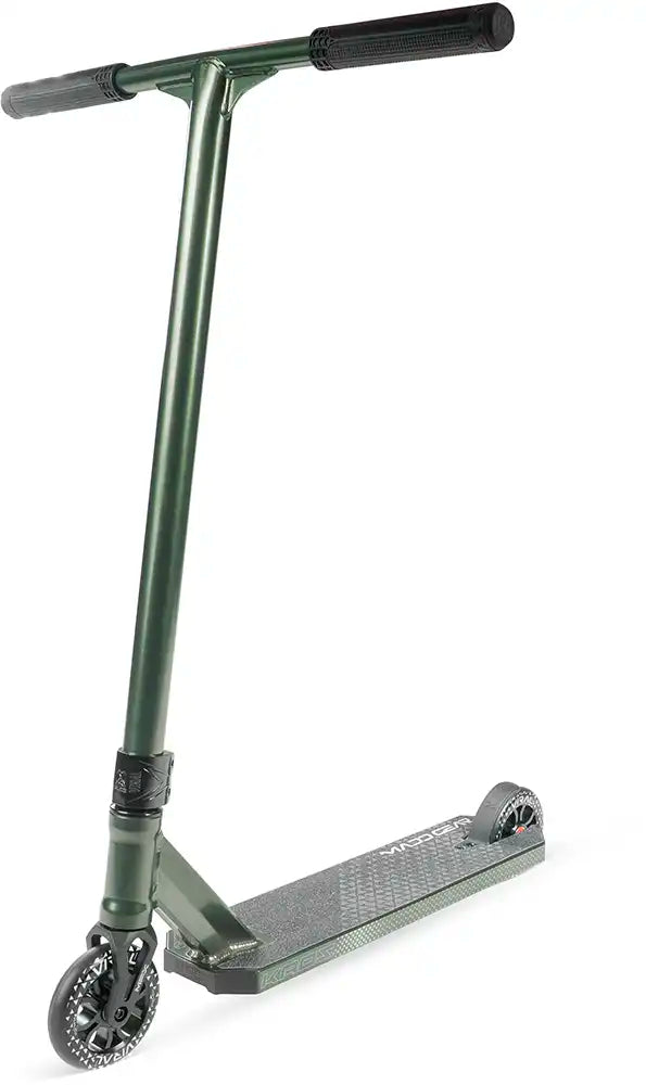 MGP Viral Kaos scooter with forest green deck and handlebars, designed for stunt riding and freestyle tricks.