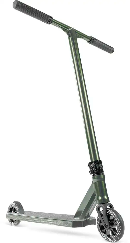 MGP Viral Kaos Scooter in forest green color, showcasing its sleek deck and handlebar from a low right angle.