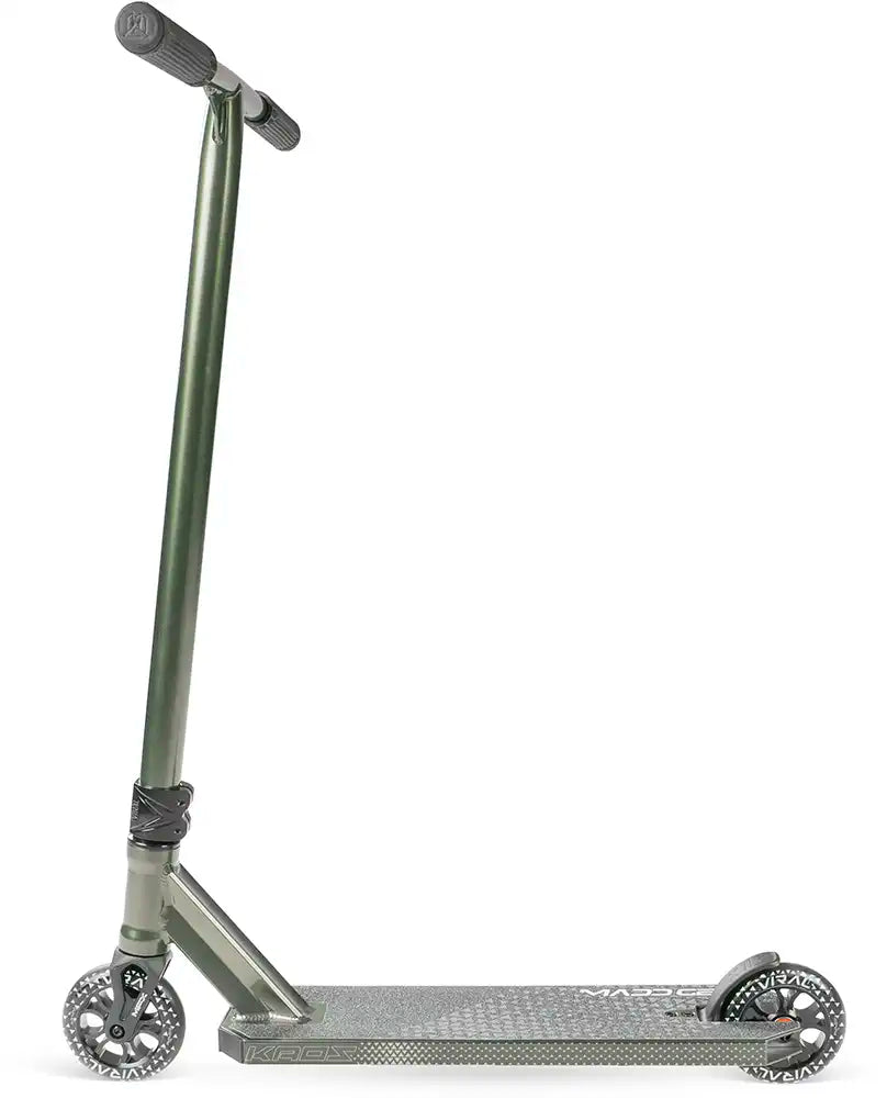 MGP Viral Kaos scooter with forest green deck and black handlebars, designed for stunt riding and urban commuting.