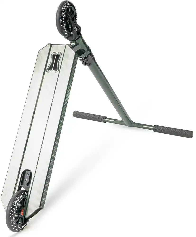 MGP Viral Kaos scooter in forest green, side view showing deck and handlebars, designed for stunt riding and freestyle scooting.