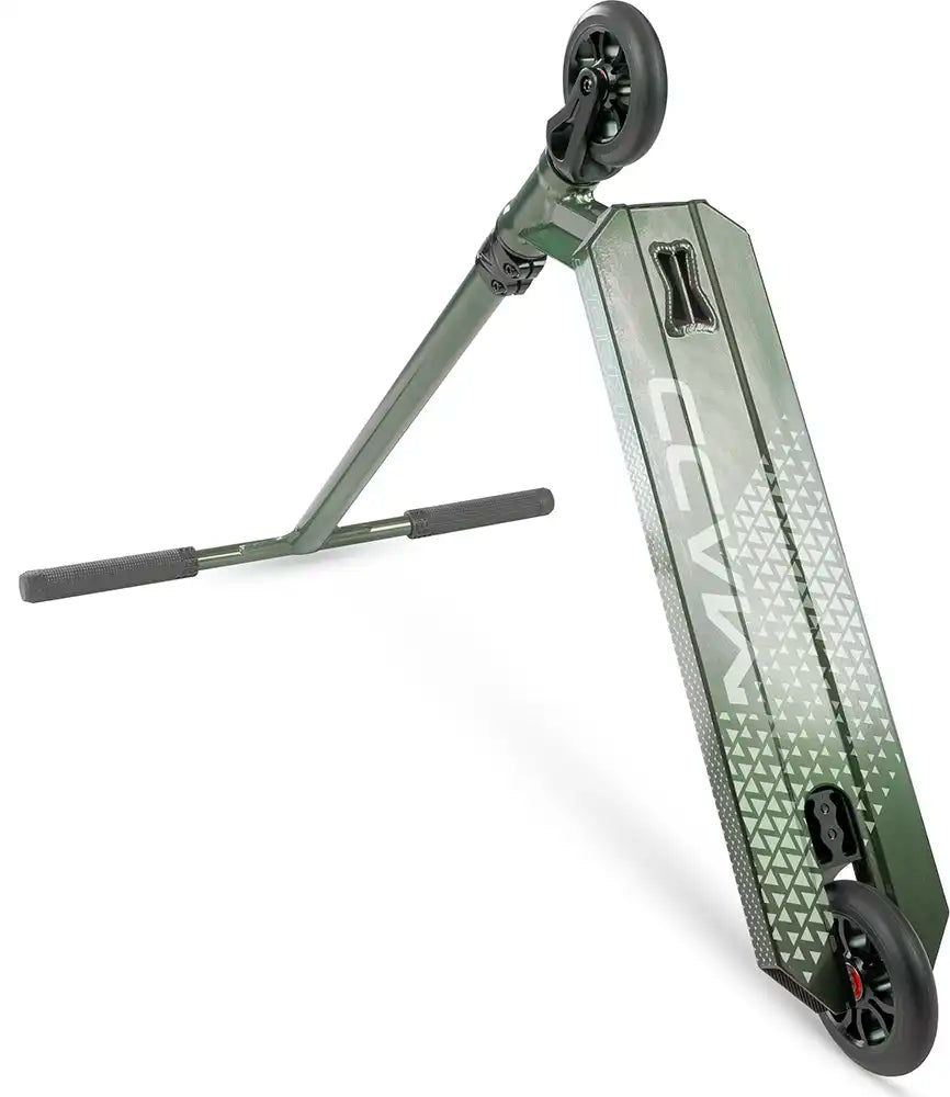 MGP Viral Kaos scooter in forest green, side and right angles, showcasing the deck and handlebar design for stunt riding.