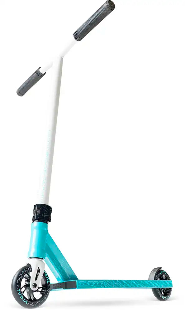MGP Viral Purge scooter in aqua color, featuring deck, handlebars, and wheels, designed for stunt riding and tricks.