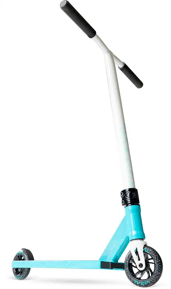 MGP Viral Purge Scooter in aqua color, showing the deck, handlebars, and wheels, designed for tricks and urban riding.