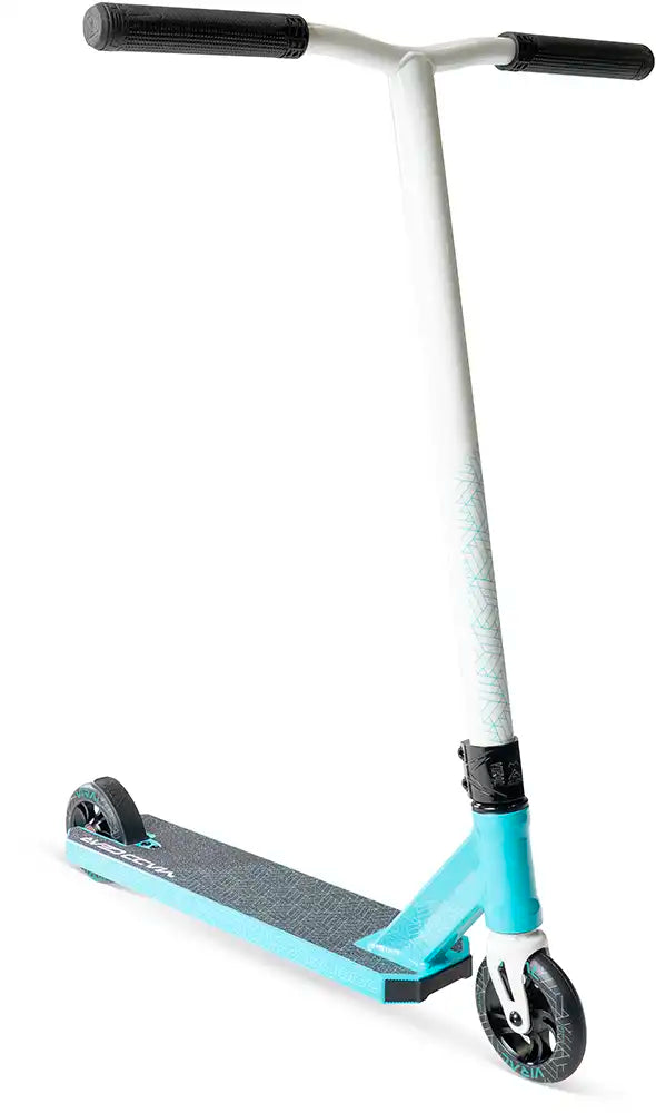 MGP Viral Purge scooter in aqua color, featuring deck and handlebars, designed for stunt riding and freestyle tricks.