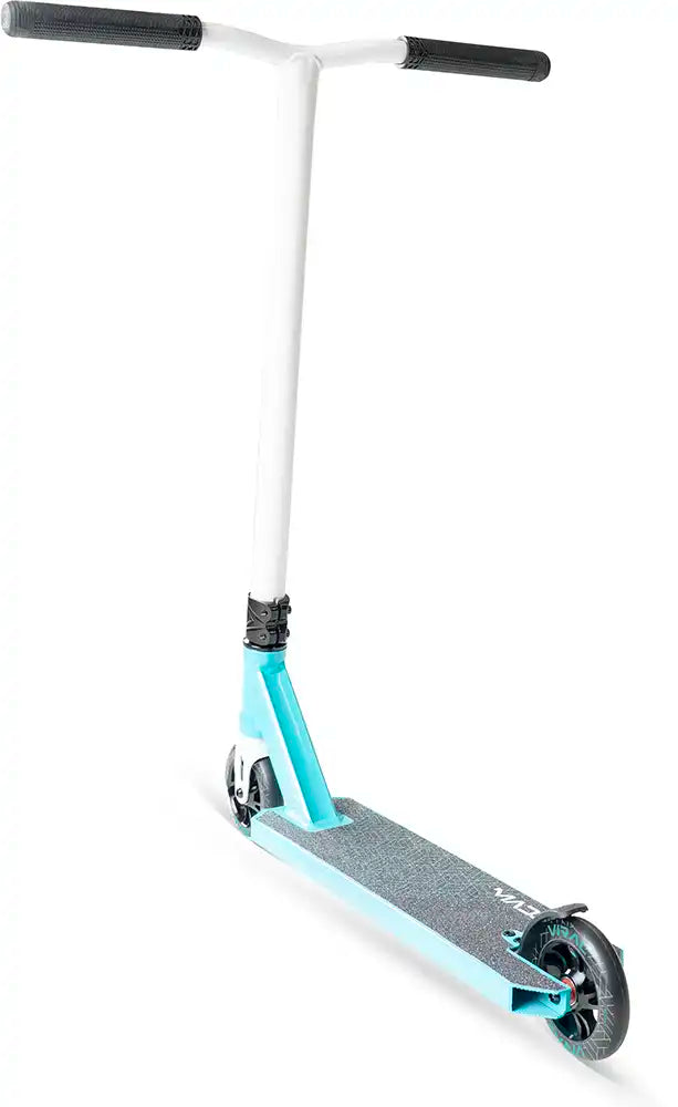 MGP Viral Purge scooter in aqua color, showing side view with deck, handlebars, and wheels for the MGP stunt scooter series.