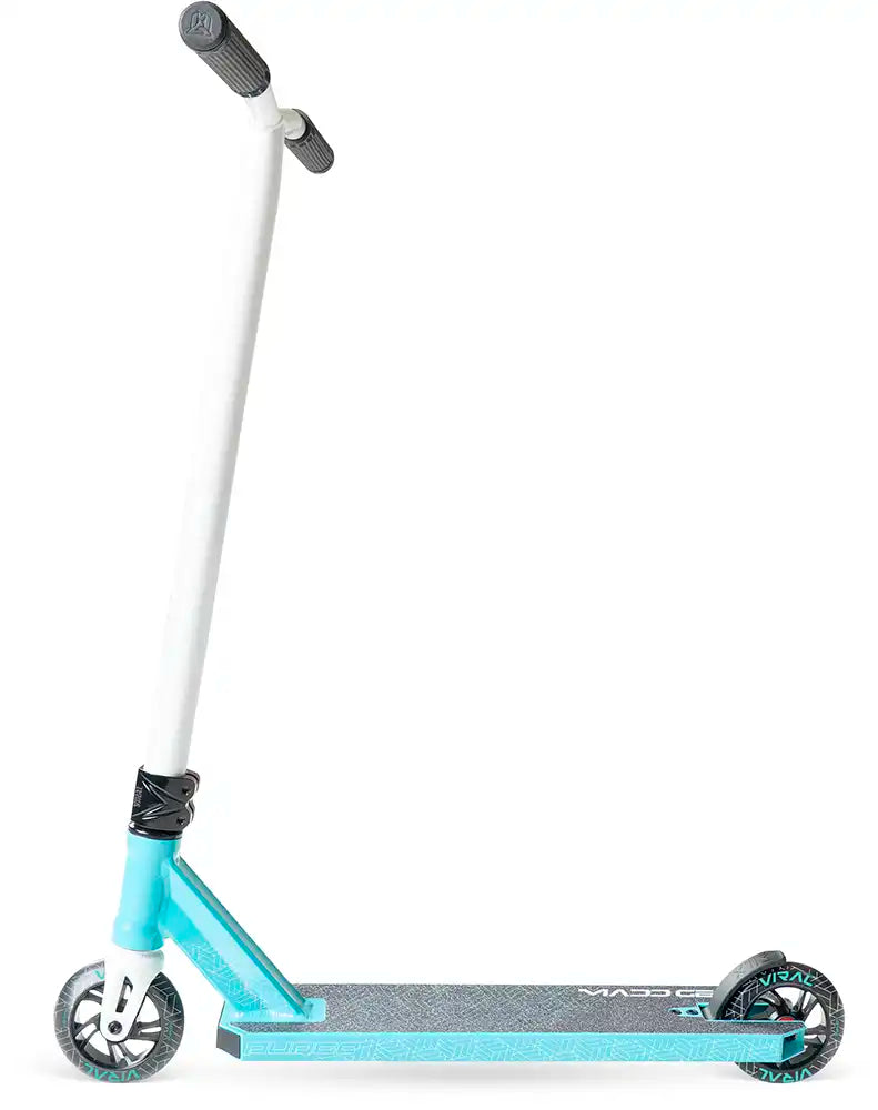 MGP Viral Purge scooter with aqua-colored deck and handlebars, featuring a sleek design for stunt riding and tricks.