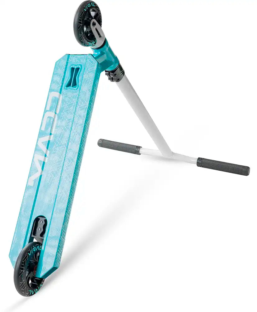 MGP Viral Purge scooter in aqua color, showing the underside angle with deck, wheels, and grip tape detail.