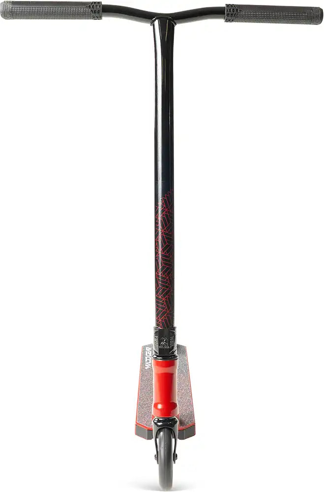Front view of the MGP Viral Purge scooter in cherry color, featuring a sleek design and sturdy deck for tricks and riding.