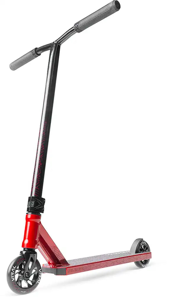 MGP Viral Purge Cherry scooter with low deck and black wheels, designed for tricks and urban riding.