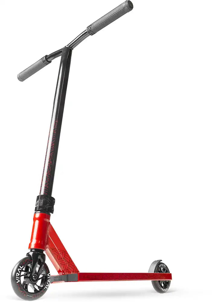 MGP Viral Purge scooter with cherry red deck and black handlebars, designed for stunt riding and tricks.