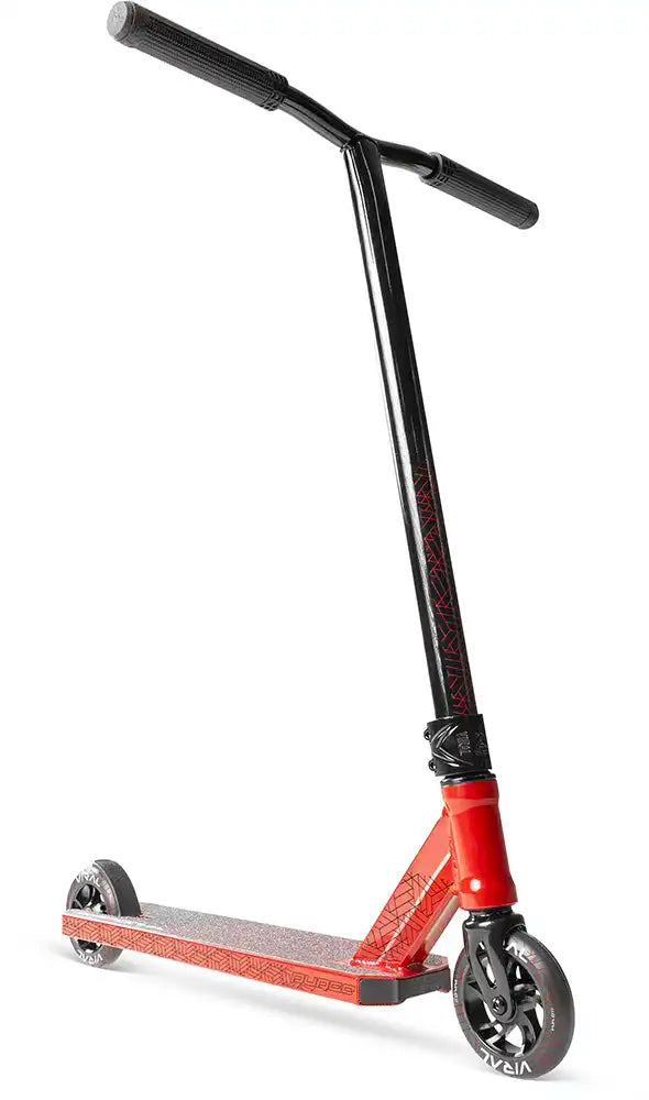 MGP Viral Purge scooter in cherry with low deck and handlebars, showcasing its sleek design and sturdy construction.