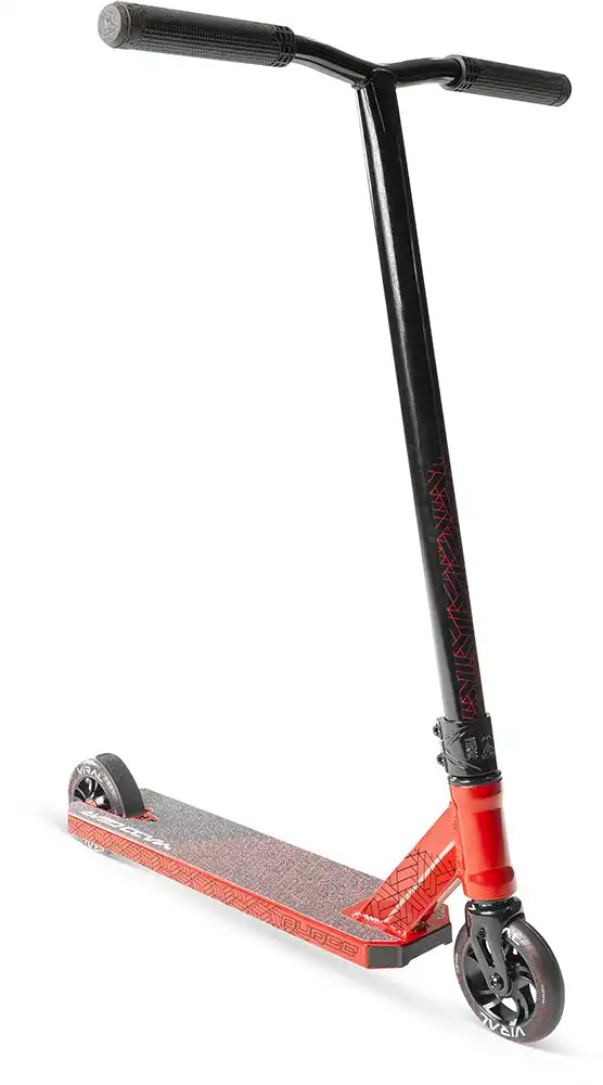 MGP Viral Purge scooter in cherry color, showing the main right side with deck, handlebars, and wheels for riding.