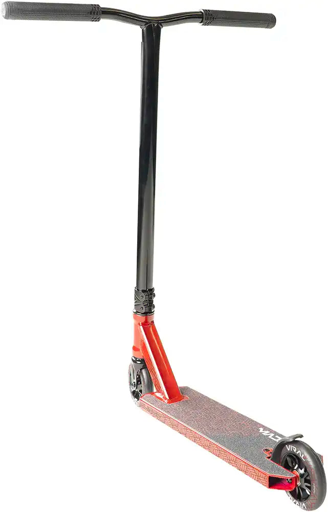 MGP Viral Purge scooter in cherry red, rear angle view showing deck, wheels, and handlebars for kids and teens.