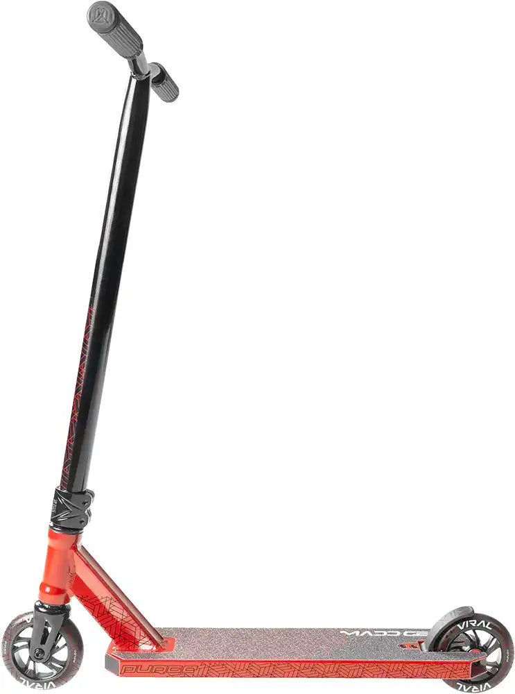 MGP Viral Purge scooter with cherry side design, featuring a sleek black frame and deck for stunt riding and tricks.