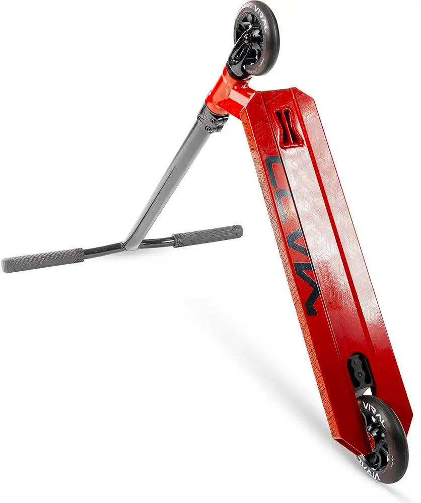 MGP Viral Purge scooter with cherry-colored deck and black wheels, viewed from underside angle.