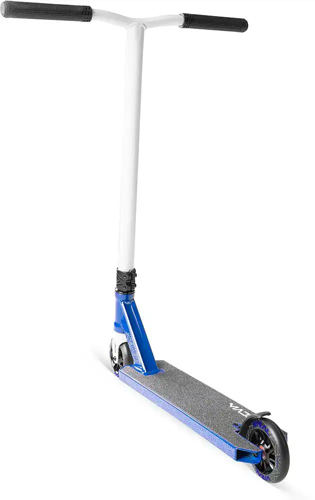MGP Viral Purge cobalt scooter shown from rear angle with deck, wheels, and handlebars, designed for stunt riding and tricks.