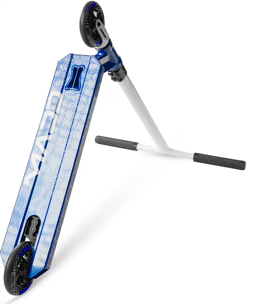 MGP Viral Purge cobalt scooter shown from underside angle, featuring deck, wheels, and handlebars in a sleek design.