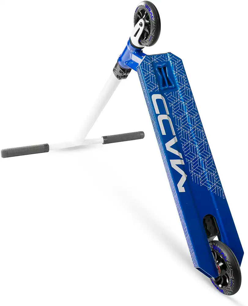 MGP Viral Purge cobalt scooter shown from underside angle with deck and wheels visible, designed for tricks and stunt riding.