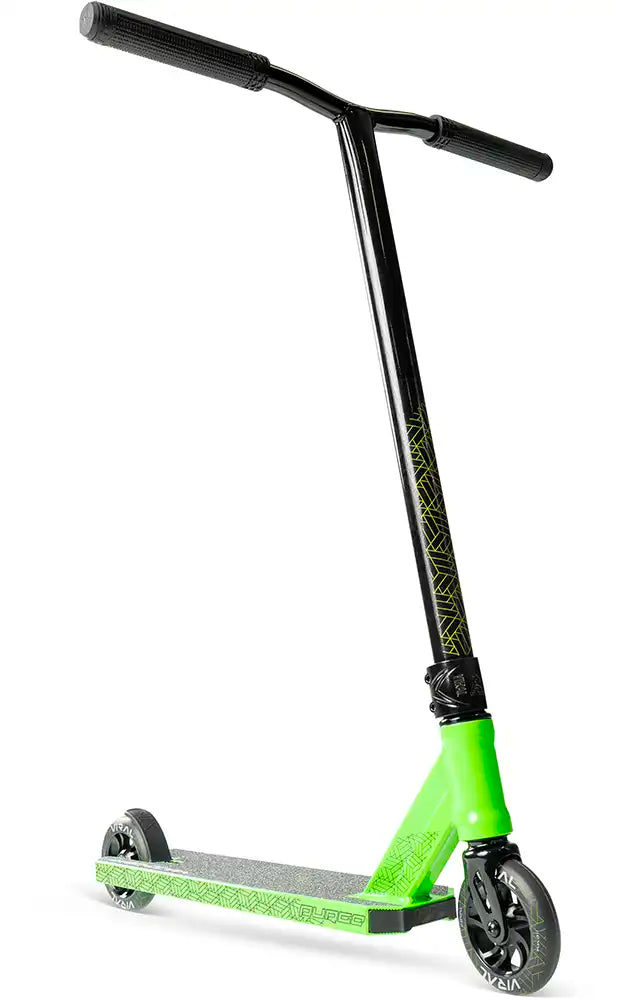 MGP Viral Purge scooter with jade green deck and low-rise design, showcasing the sleek handlebars and sturdy wheels.