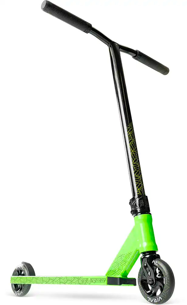MGP Viral Purge scooter with jade green deck and black handlebars, shown from a low right angle.
