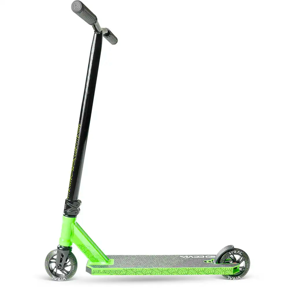 MGP Viral Purge scooter with pink and black design, featuring deck, handlebars, and wheels, ideal for stunt riding and tricks.