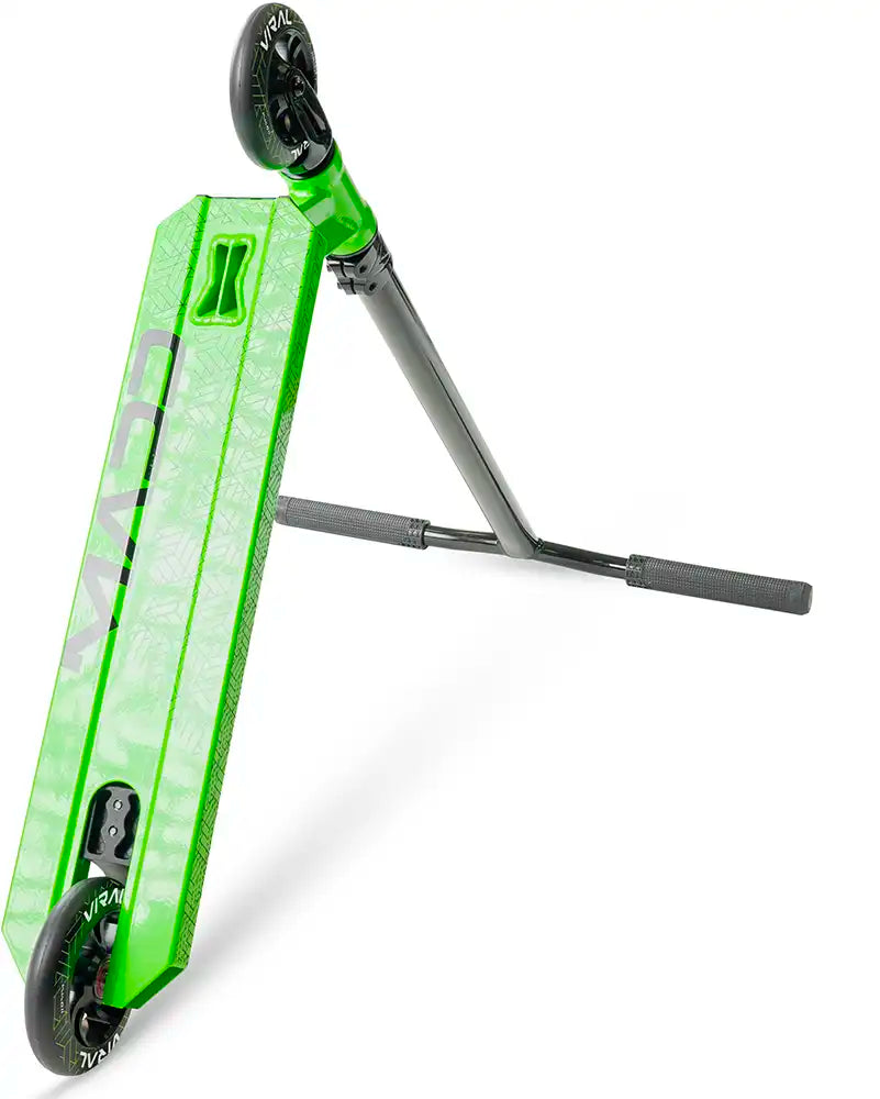 MGP Viral Purge scooter with jade green deck and black wheels, viewed from underside angle, showcasing the deck design and build.