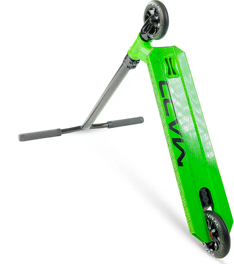 MGP Viral Purge scooter with jade green deck and black handlebars, shown from underside angle.
