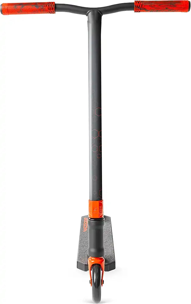 MGP Viral Rave scooter with vibrant orange and black design, featuring sturdy handlebars and deck for freestyle riding.