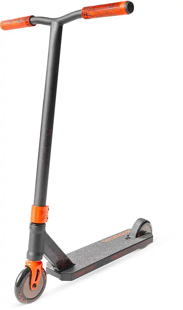 MGP Viral Rave Scooter with vibrant orange and black design, featuring sturdy handlebars and deck for freestyle riding.