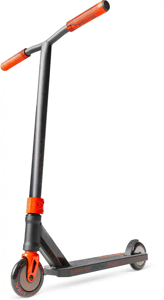 MGP Viral Rave scooter with fiery red and black design, featuring a sturdy deck and colorful wheels for extreme riding.