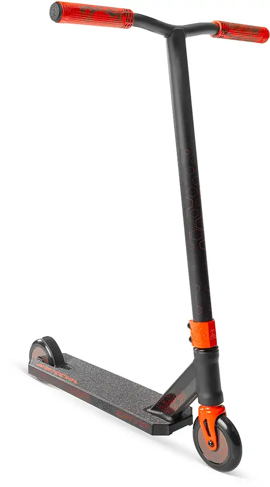 MGP Viral Rave scooter in fiery orange and black with sleek design, featuring handlebars and deck for stunt riding and tricks.